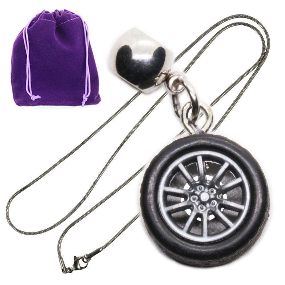 One Wheel Tire Black Racing Wheel Pendant Necklace Silver Tone Chain Auto Lover